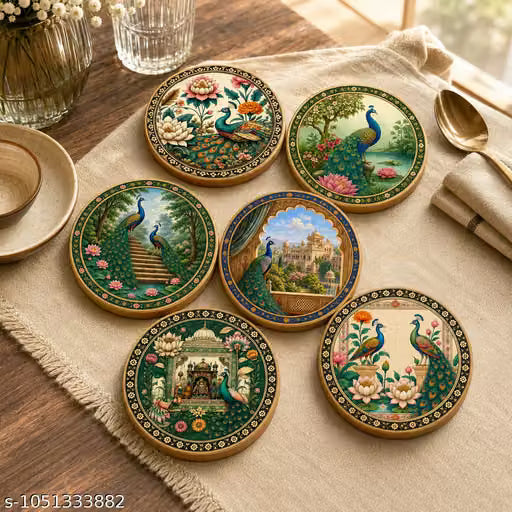 Tea Coaster Peacock Design Set of 6 Stylish Coffee Cup Coasters for Dining Table | Modern Table Decor for Home & Office | Decorative Coaster