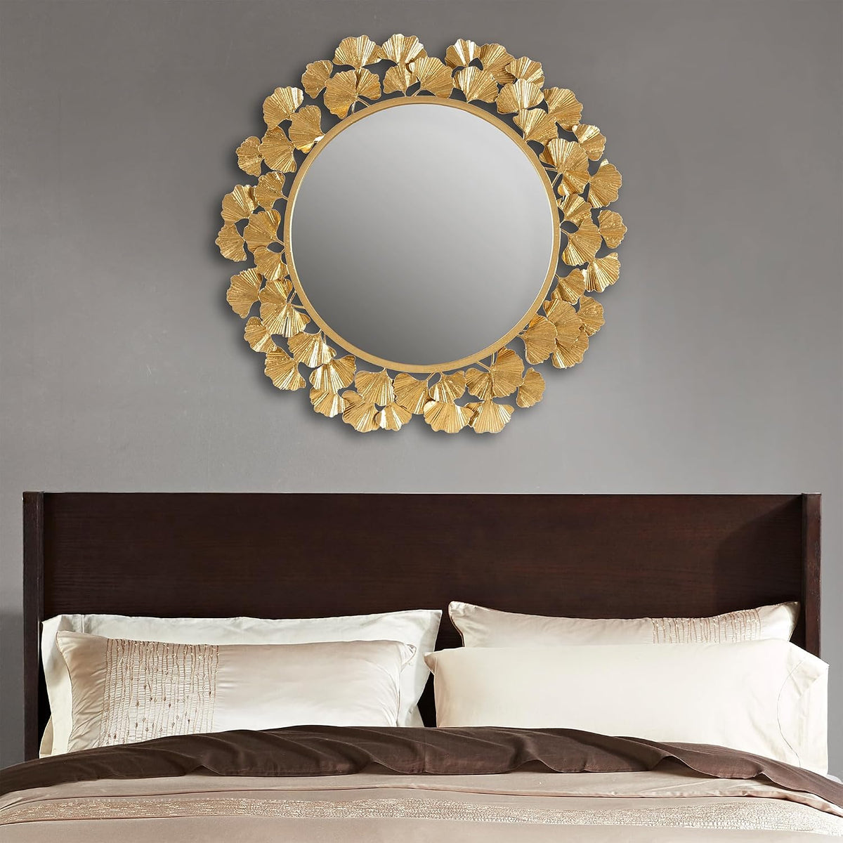 Wall Décor Large Gingko Leaf Round Wall Mirror, 20", Gold