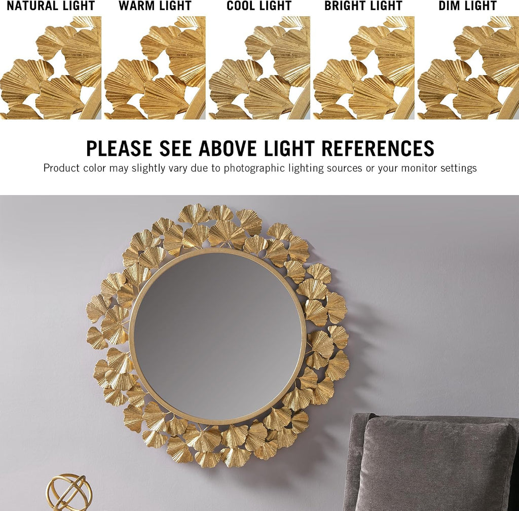 Wall Décor Large Gingko Leaf Round Wall Mirror, 20", Gold