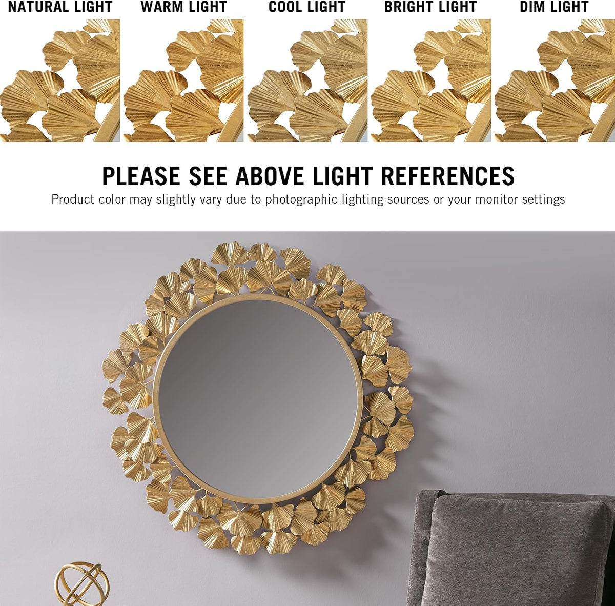 Wall Décor Large Gingko Leaf Round Wall Mirror, 20", Gold
