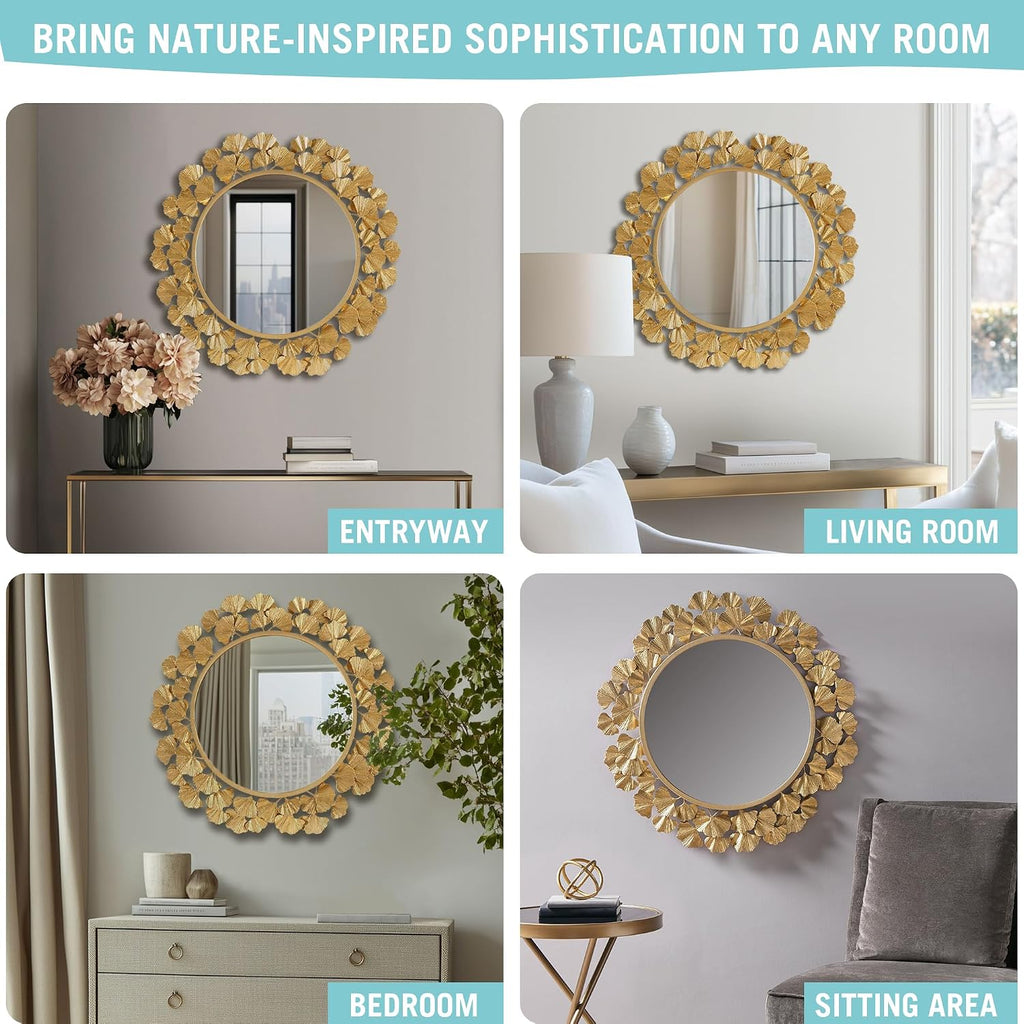 Wall Décor Large Gingko Leaf Round Wall Mirror, 20", Gold