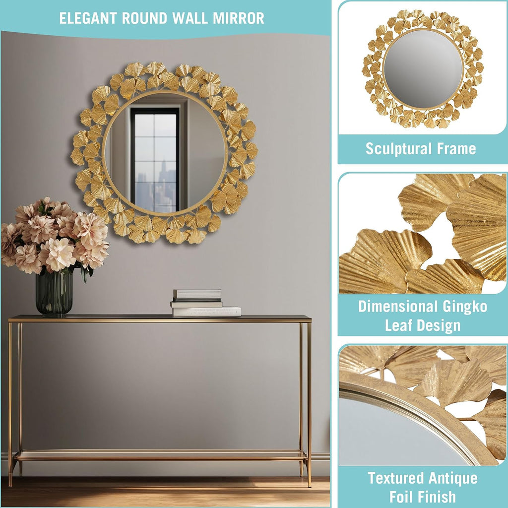 Wall Décor Large Gingko Leaf Round Wall Mirror, 20", Gold