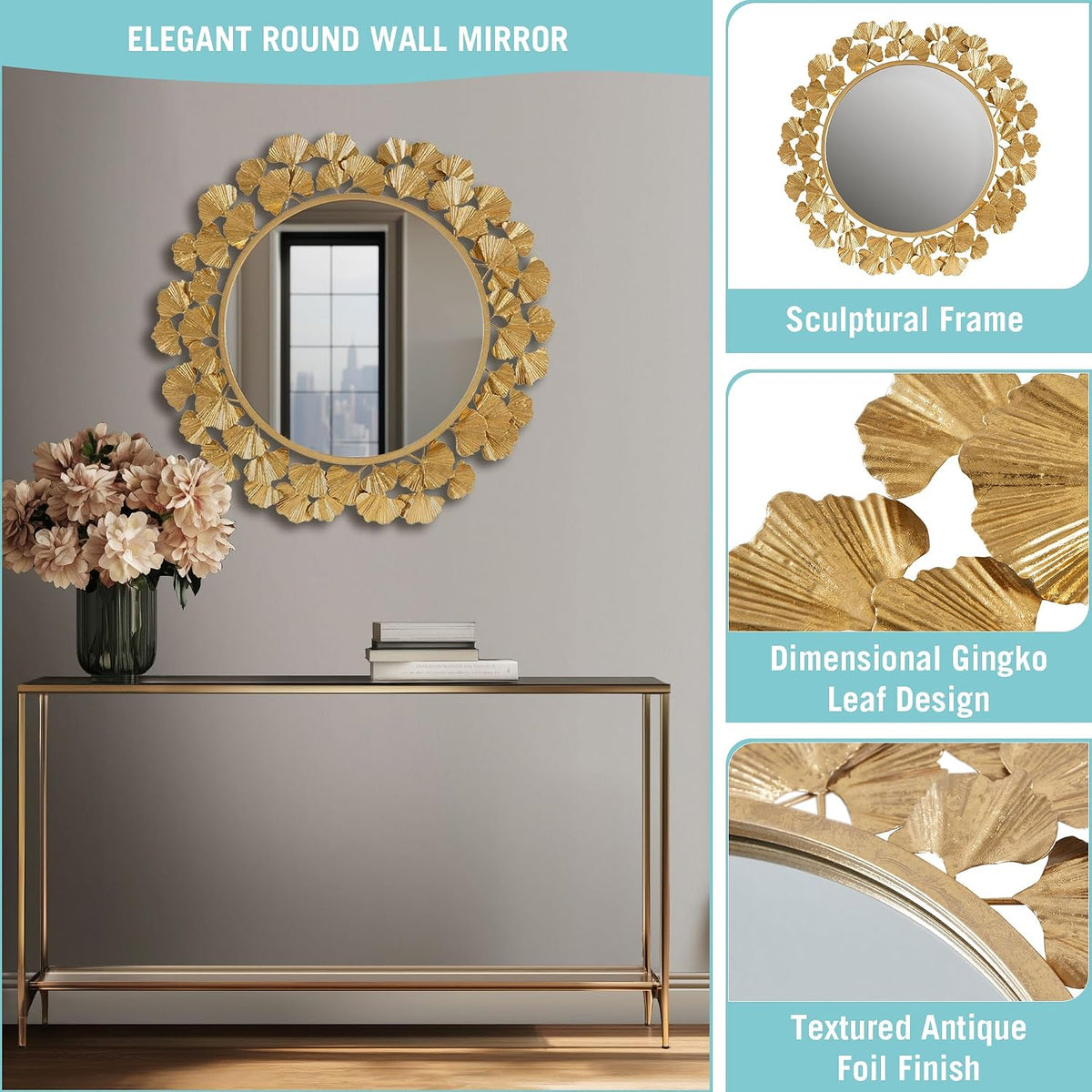 Wall Décor Large Gingko Leaf Round Wall Mirror, 20", Gold