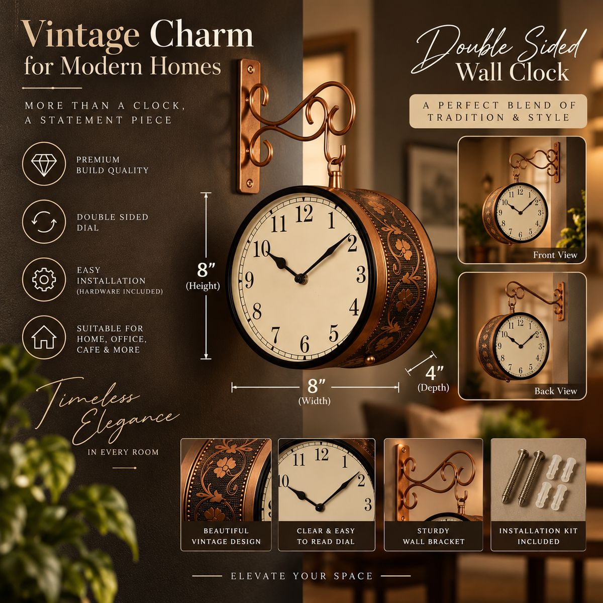 GT Vintage Double Sided Hanging Wall Clock