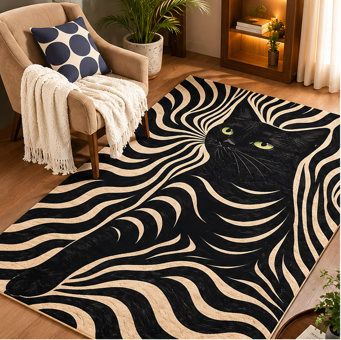 Geeky Techy Premium Black Cat Printed Velvet Carpet – 5×7 Feet