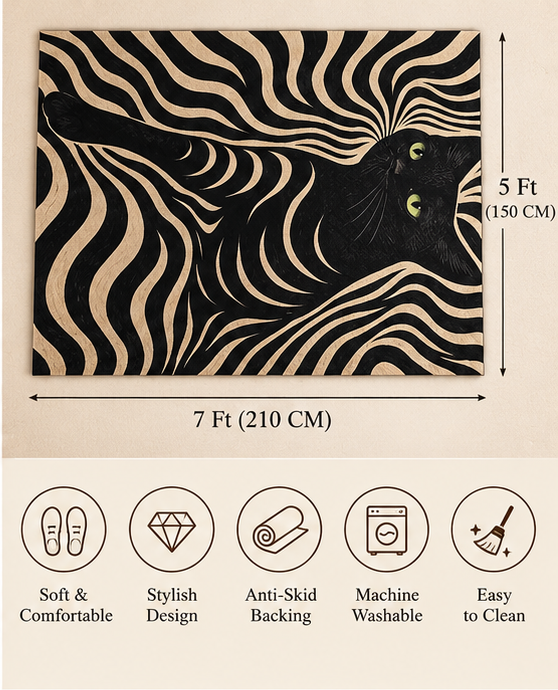 Geeky Techy Premium Black Cat Printed Velvet Carpet – 5×7 Feet
