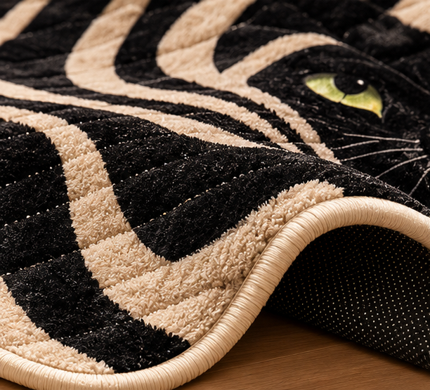 Geeky Techy Premium Black Cat Printed Velvet Carpet – 5×7 Feet