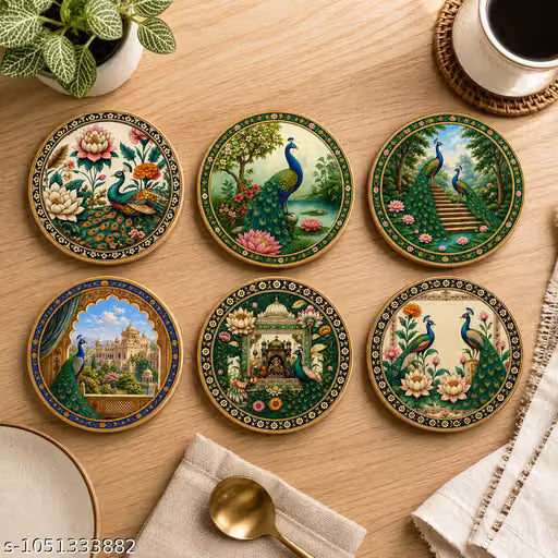 Tea Coaster Peacock Design Set of 6 Stylish Coffee Cup Coasters for Dining Table | Modern Table Decor for Home & Office | Decorative Coaster