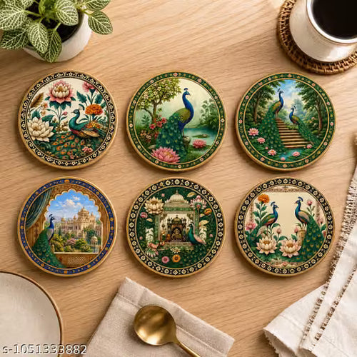 Tea Coaster Peacock Design Set of 6 Stylish Coffee Cup Coasters for Dining Table | Modern Table Decor for Home & Office | Decorative Coaster