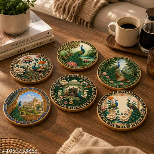 Tea Coaster Peacock Design Set of 6 Stylish Coffee Cup Coasters for Dining Table | Modern Table Decor for Home & Office | Decorative Coaster