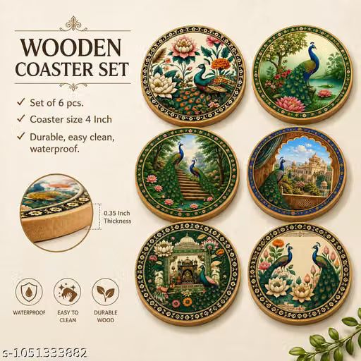 Tea Coaster Peacock Design Set of 6 Stylish Coffee Cup Coasters for Dining Table | Modern Table Decor for Home & Office | Decorative Coaster